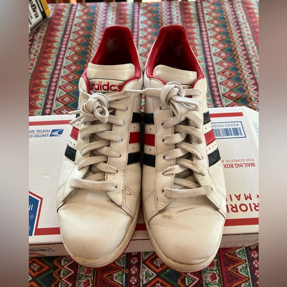 Adidas Campus white with red and blue stripes and red sole